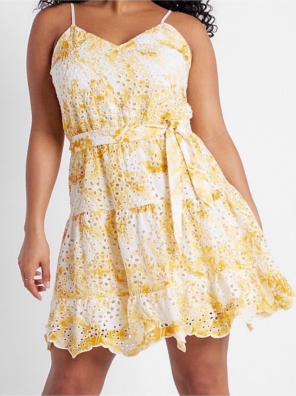 Express Tie Dye Eyelet Tiered Mini Dress L  * belt missing *